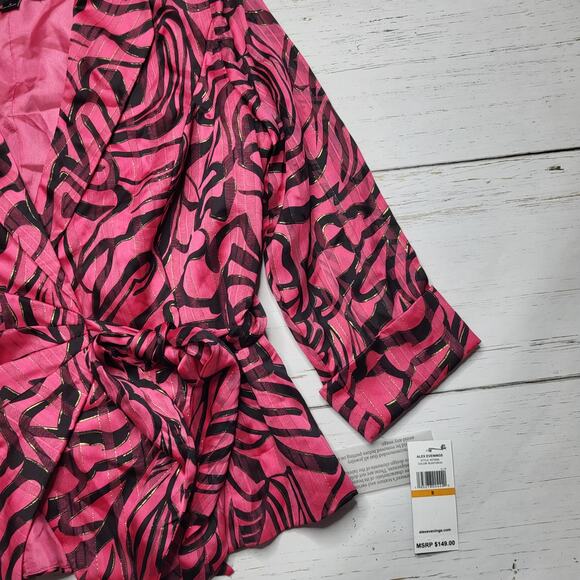 Alex Evenings Fuchsia Pink Black Metallic Print Blouse 3/4 Sleeve Wrap Top Small - Picture 6 of 10
